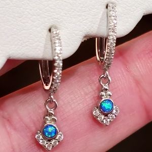 925 STERLING SILVER BLUE OPAL & CRYSTAL DIAMOND CZ DAINTY DANGLE HUGGIE HOOPS